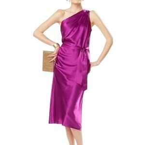 NWT Banana Republic Silk One Shoulder Dress‎ Belted Satin Silky Midi Fuchsia - 4